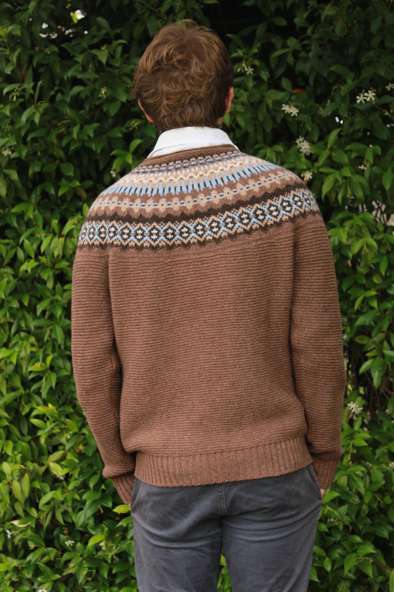 Eribe Scottish Knitwear Men's Stoneybrek Sweater in Beaver, back view of men's fairisle yoke jumper