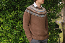 Eribe Scottish Knitwear Men's Stoneybrek Sweater in Beaver, men's brown jumper with fairisle yoke