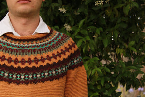 Eribe Men's Stoneybrek Sweater in Goldfinch, close up of fairisle yoke on men's jumoer