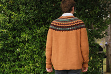 Eribe Men's Stoneybrek Sweater in Goldfinch, back view of scottish knitwear
