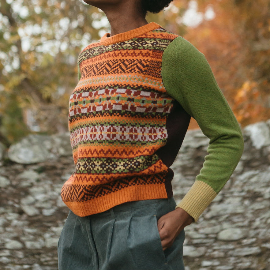 Eribe fairisle graffiti sweater in Coori. The stobo jumper in green and orange.