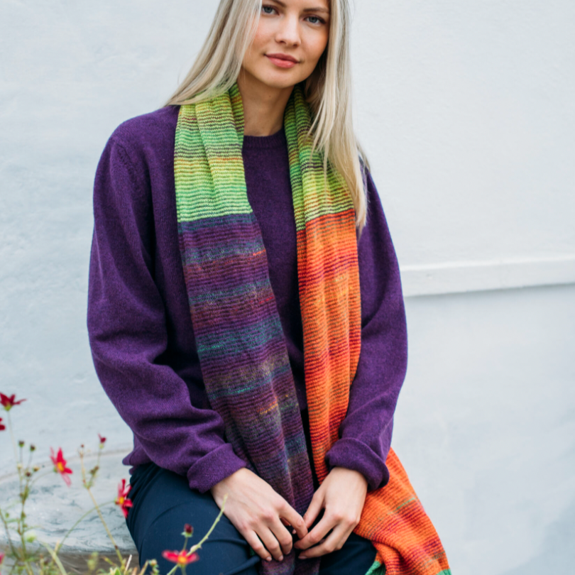 Eribe's Tree Line wrap shawl in aubergine. Quality knitwear for Men and Women.