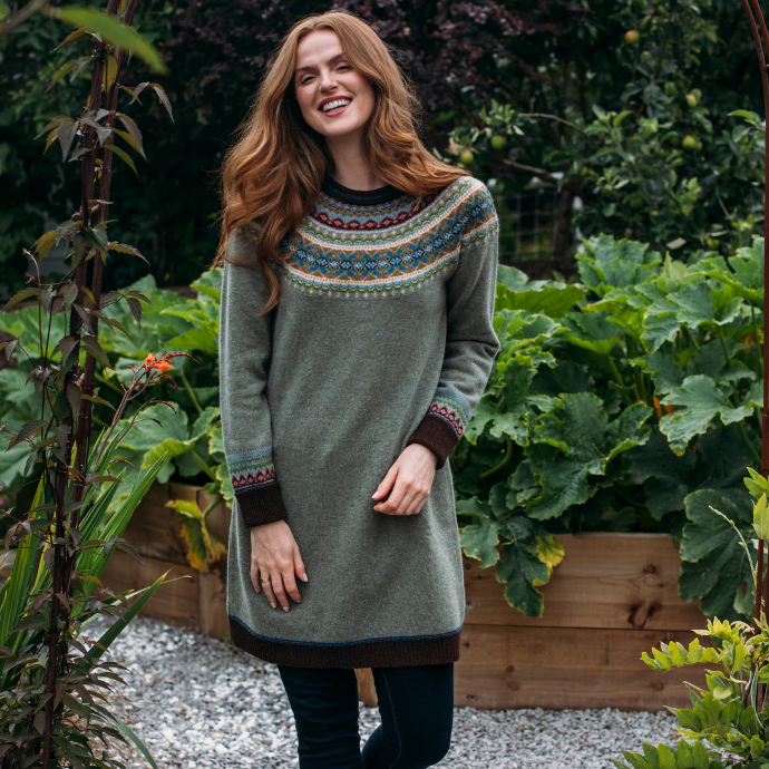 Eribe knitted dress in Willow. merino wool, fairisle yoke.