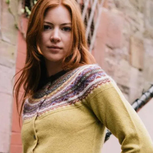 Eribe knitwear. Alpine cardigan in Findhorn. Quality fair isle scottish knitwear.