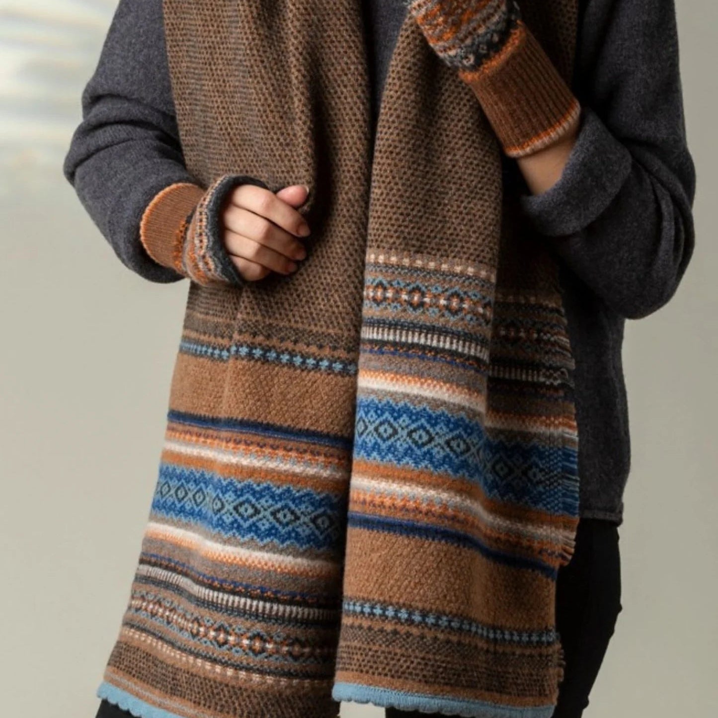 Eribe alpine and tweed scarf in browns and blue
