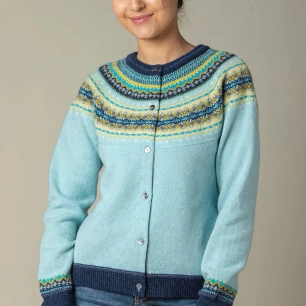 Eribe Alpine Short cardigan in Mermaid. Merino Wool, Scottish Fair Isle Knitwear