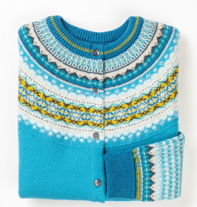 Short Alpine Cardigan from Eribe in Turquoise. Scottish Fairisle Knitwear.