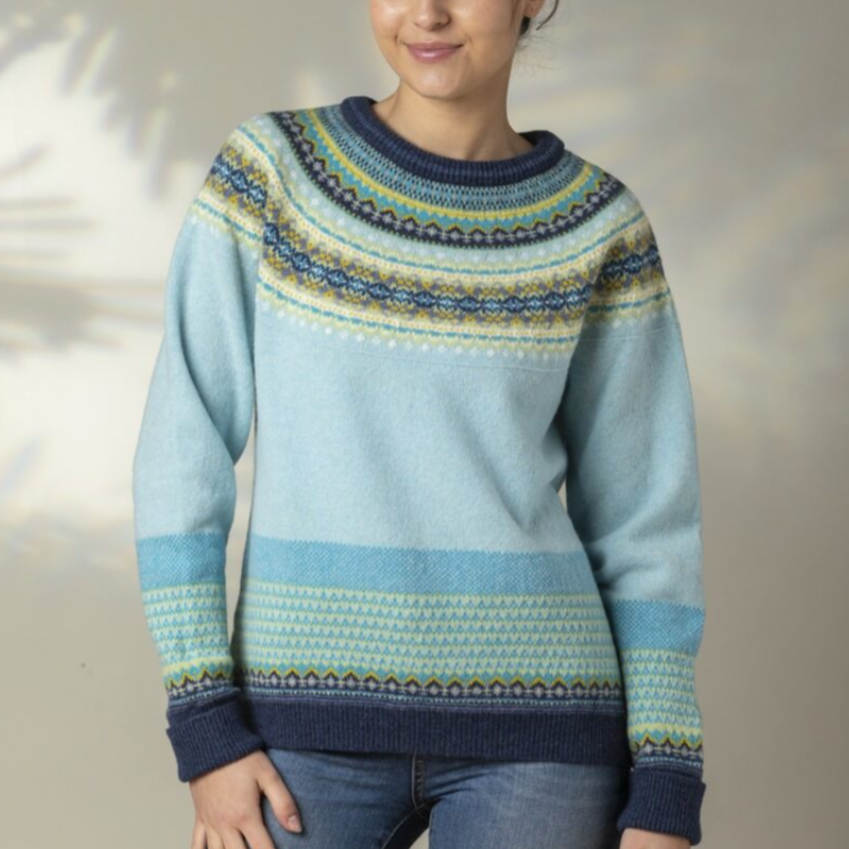 Quality Scottish Fairisle Knitwear from Eribe. Alpine sweater in Mermaid.