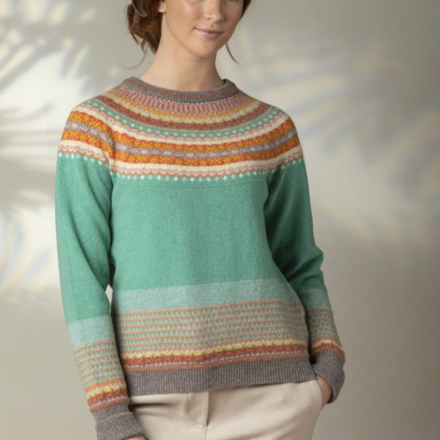 Fairisle cardigan in teal, merino wool from Eribe.