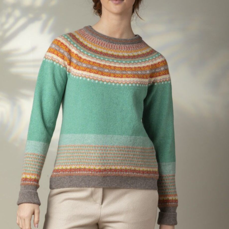 Eribe quality knitwear. Fairisle cardigan in blues and orange.