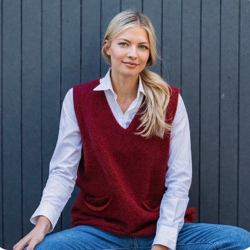 Eribe Corry vest in poppy. Merino wool, Scottish knitwear 