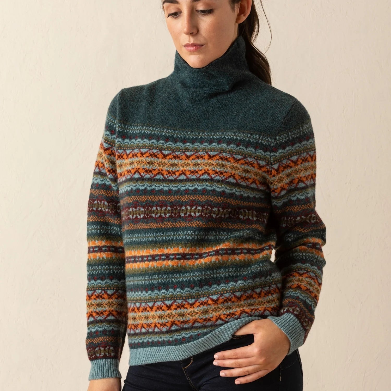 Erbe Merino wool fairisle Kinross high neck sweater in Prelude.