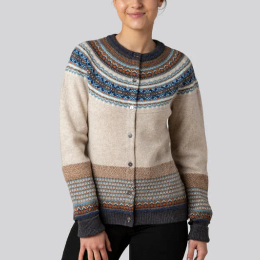 Eribe Scottish Knitwear. Womens Alpine Cardigan in Taurus. Fair isle pattern. Quality Merino Wool.