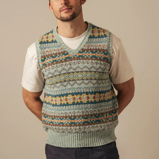 Eribe 100% wool Vest for men in a fairisle design. Quality Scottish Knitwear.