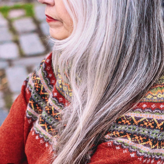 Eribe Alpine Cardigan in Copperleaf. Fair Isle Knitwear wool.