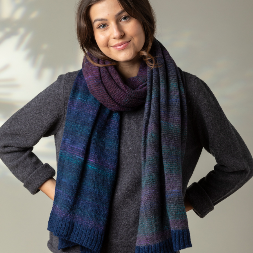 Eribe quality Scottish Knitwear. Treeline wrap in regatta. Merino wool and mohair.