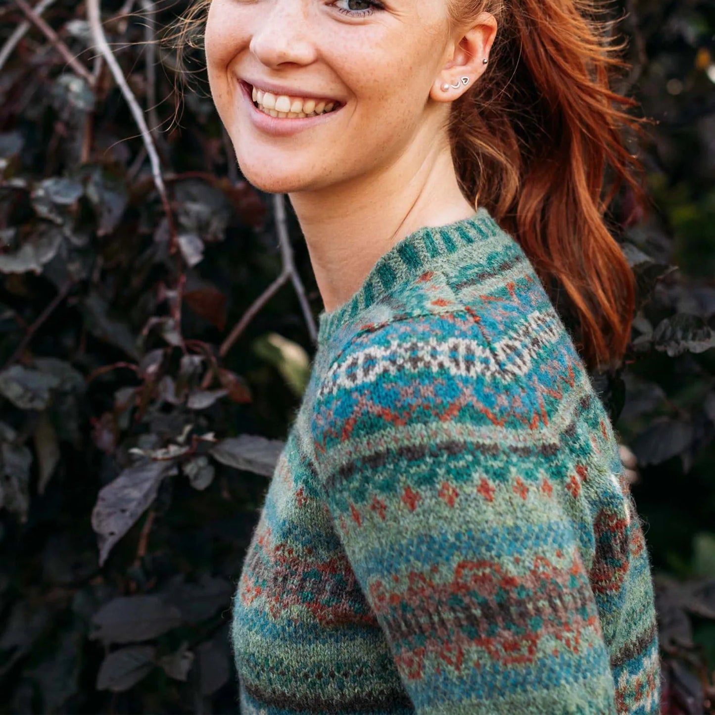 Eribe Westray Fair isle Cardigan in green. Dunvegan Scottish Knitwear quality wool.