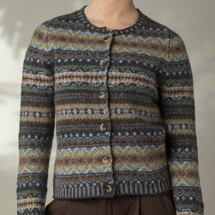 Wool fairisle cardigan with horn buttons. scottish Knitwear eribe.