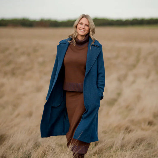 Fields Long Boiled wool coat in Deep Blue