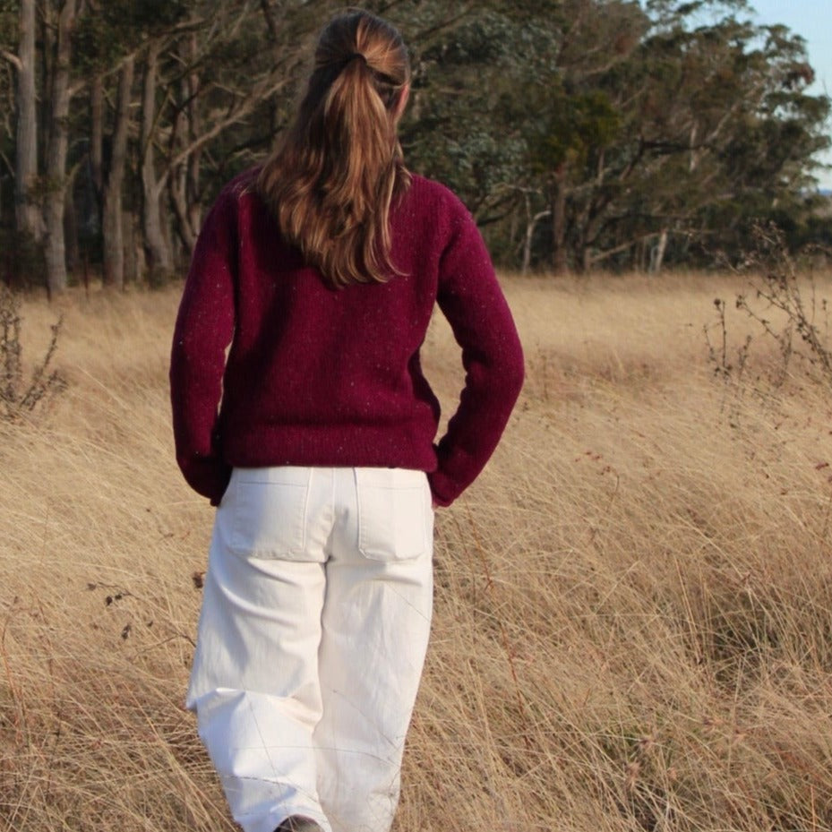 Fisherman out of Ireland women’s sweater. Rolled Edge Tunic in Berry.