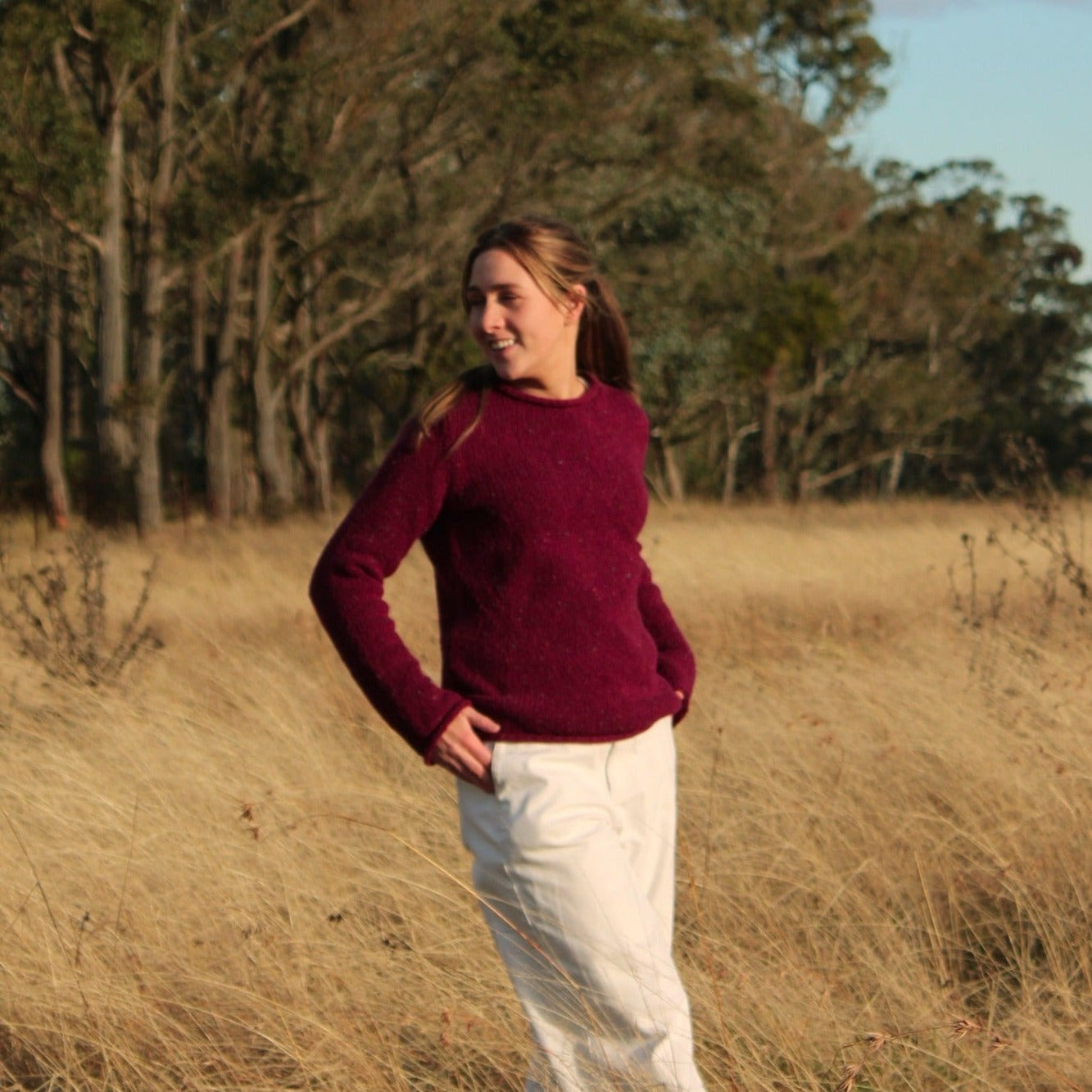 Fisherman out of Ireland women’s sweater. Rolled Edge Tunic in Berry.