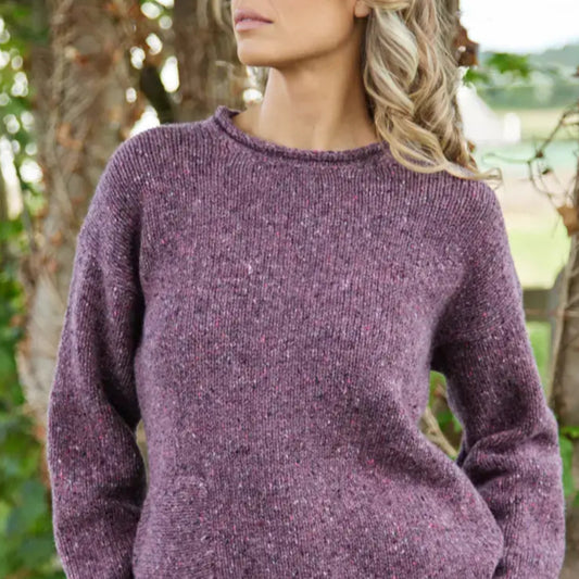 Fisherman Out of Ireland rolled edge crew in Dark Mauve. Quality Knitwear all wool.