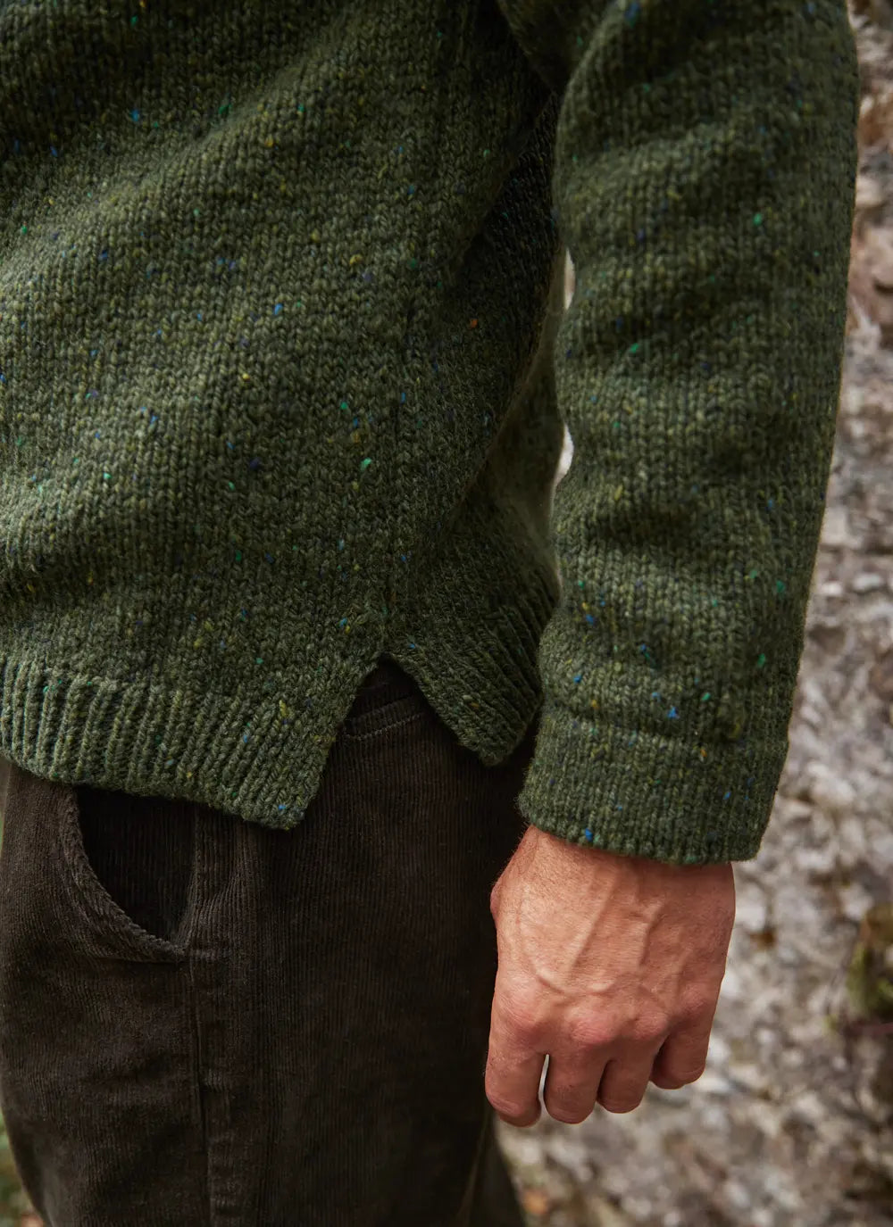 Men's cardigan in Merino Wool - Fisherman Out Of Ireland Seaweed Donegal fleck