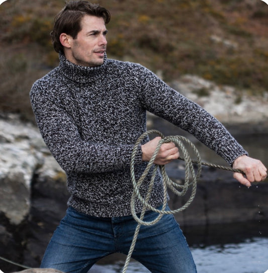 Men's polo neck jumper Fisherman Out of Ireland. Salt and Pepper. Merino wool.