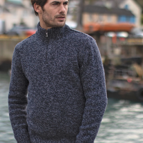 Men's 1/4 zip jumper. Blue grey fleck. Merino wool and cashmere. Irish Knitwear