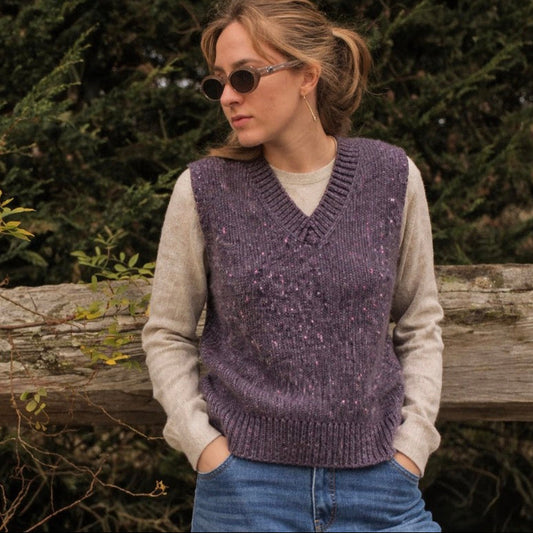 100% wool Fisherman out of ireland vest in purple.