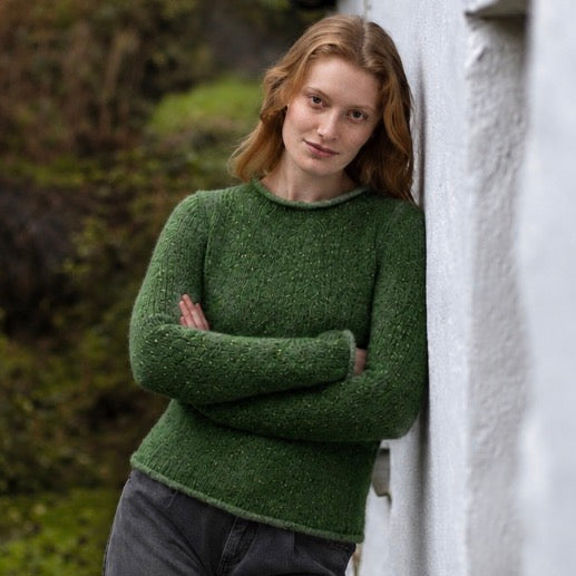 Women's Fisherman Out of Ireland Rolled Edge Crew in Shamrock green.