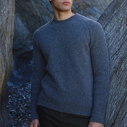 Men's quality knitwear. Merino wool ribbed jumper. Fisherman out o Ireland.