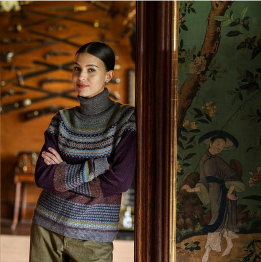 Eribe roll neck Fairisle sweater in Esmeralda. 