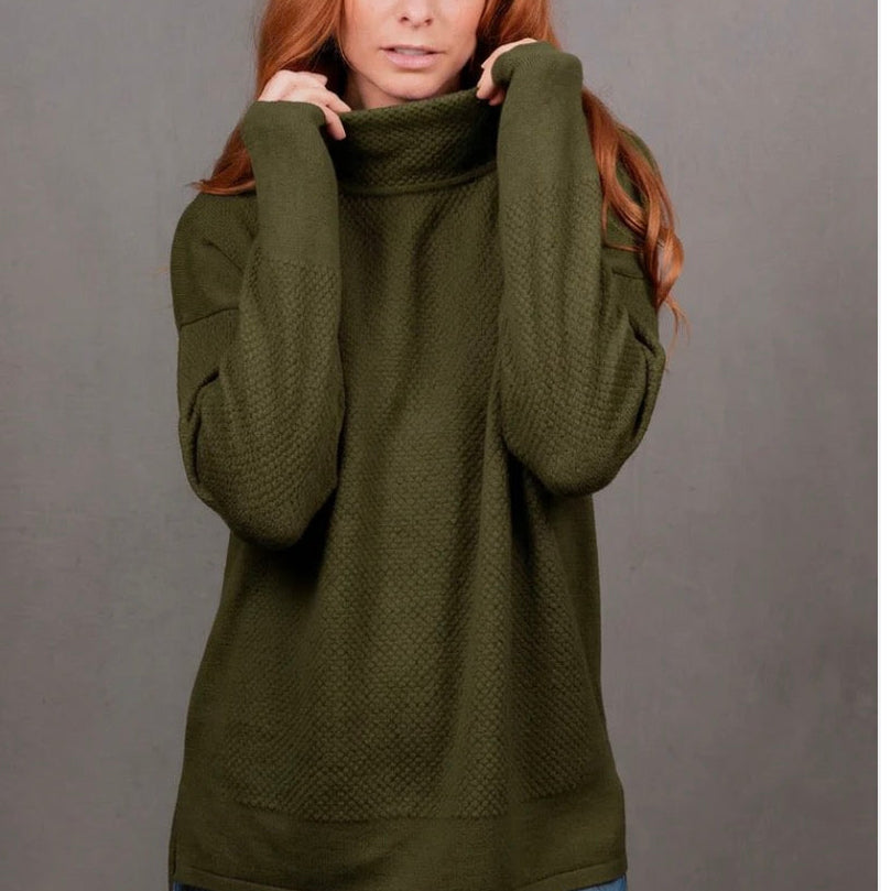 Bridge & Lord - Ball Stitch High Crew Jumper - Merino & Cashmere - Olive