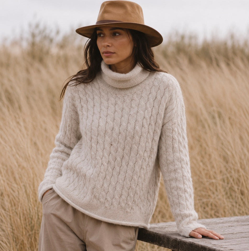 Fisherman Out of Ireland - Cable Funnel Neck Jumper - Merino & Alpaca - Ecru