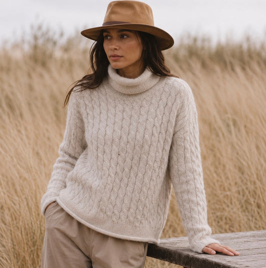 Fisherman Out of Ireland - Cable Funnel Neck Jumper - Merino & Alpaca - Ecru
