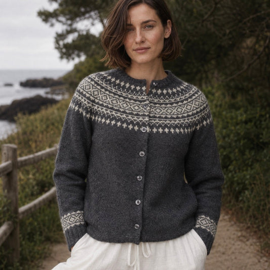 Harley of Scotland - Women's Fairisle Cardigan - Wool - Basalt/Vanilla