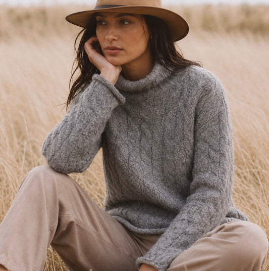 Fisherman Out of Ireland - Cable Funnel Neck Jumper - Merino & Alpaca - Smoke