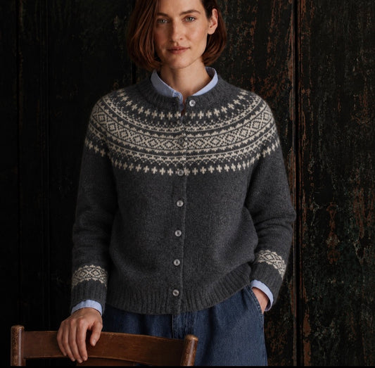 Harley of Scotland - Women's Fairisle Cardigan - Wool - Basalt/Vanilla