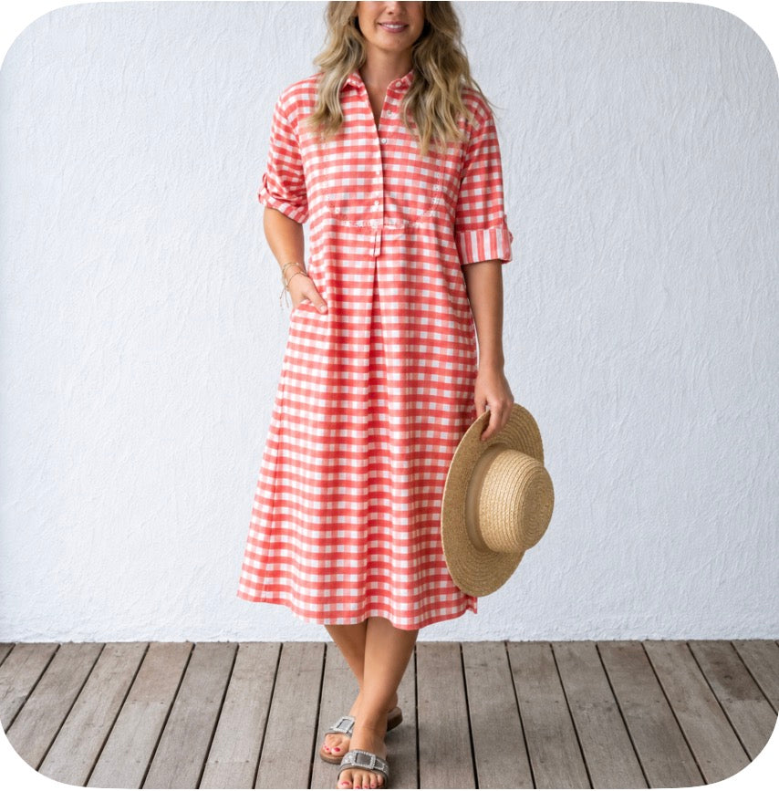 Mandalay Designs - Harry Gingham Shirtdress - Midi - Coral Sugar
