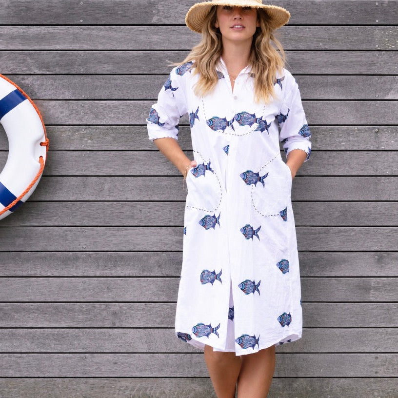 Mandalay Designs - Multi Fish Shirtdress - White Multi