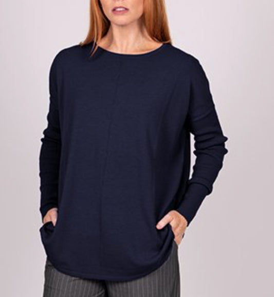 Curved Hem Crew Pullover - Navy