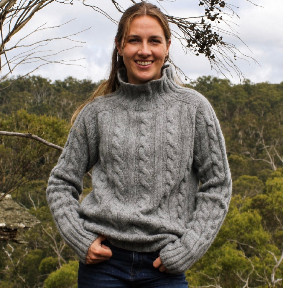 Harley of Scotland - Chunky Cable Turtle Neck Jumper - Merino Wool - Flannel Grey