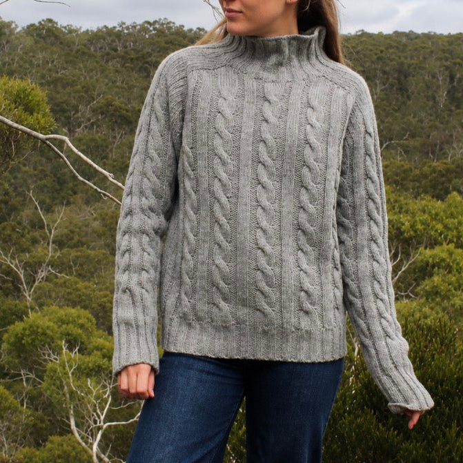 Harley of Scotland - Chunky Cable Turtle Neck Jumper - Merino Wool - Flannel Grey