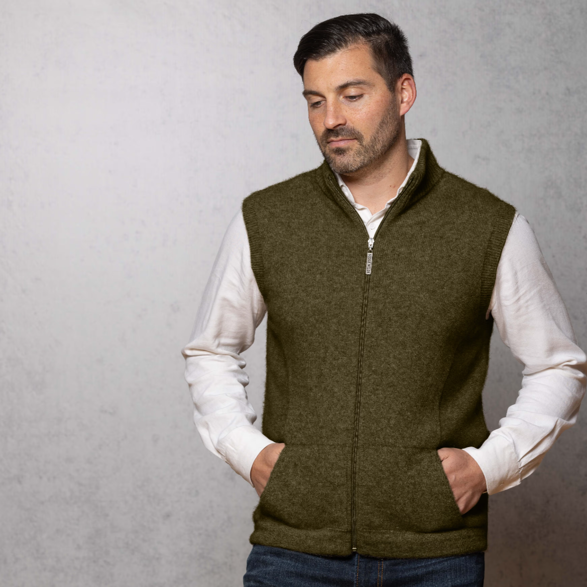 Possum and merino men's zip vest from Noble Wilde