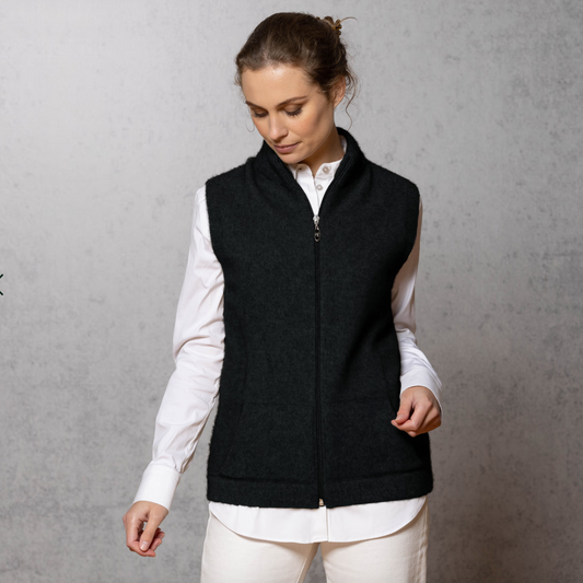 Women's possum and merino, zip up, vest in black