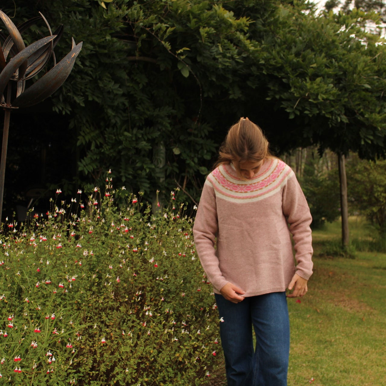 Wool fair isle jumper in pink from Nature of Knitwear