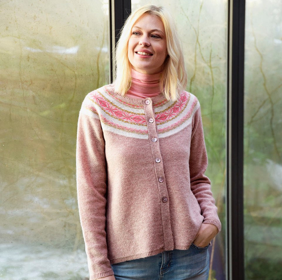 Pink fairisle cardigan from N.O.K with dark pink details