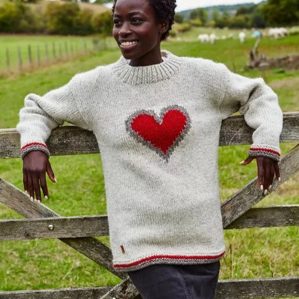 Jumper with heart - grey and red. hand Knit.