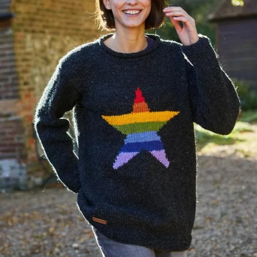 Chunky and warm jumper for women with a rainbow star. 100% wool.